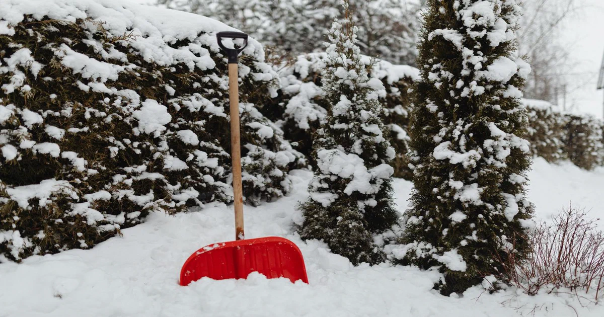 Pelle à neige plantée dans une épaisse couche de neige